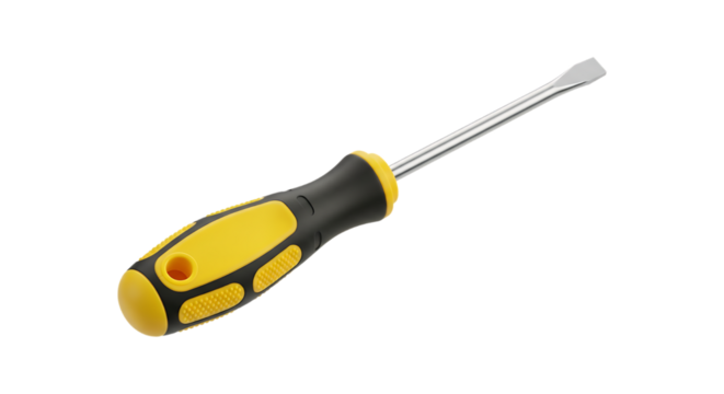 A flathead screwdriver with a yellow and black handle isolated on transparent background