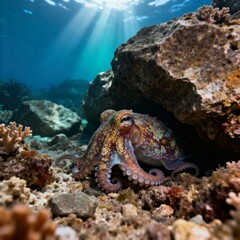 바위틈에숨은똑똑한문어의수중촬영