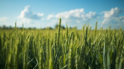 Obraz premium A serene landscape of spikes of vibrant green wheat swaying gently in the breeze, set against a clear blue sky with a few puffy white clouds, the wheat stalks are densely packed and stretch towards th