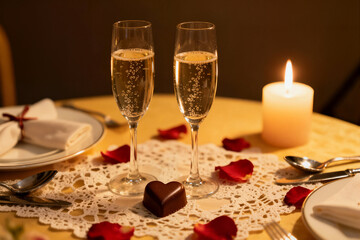 A romantic table setting features two champagne flutes, red rose petals, a heart-shaped chocolate, and a lit candle. This intimate scene conveys love, celebration, and luxury dining.