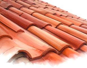 Close-up view of terracotta roof tiles.  Rows of curved, reddish-brown tiles form a sloping roof.  Background fades to white