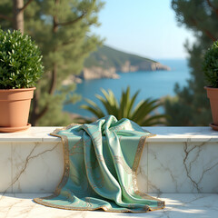 Luxurious draped silk fabric with iridescent abstract pattern on marble balustrade