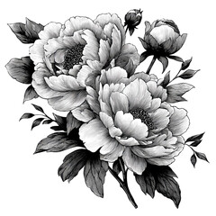 A grayscale, detailed illustration of a bouquet of peonies.  Two full blooms are prominent, with delicate shading and textured petals.  A third peony bud is visible.  