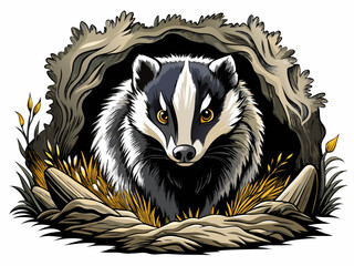 Obraz premium Realistic vector illustration of badger emerging from underground den, black and white pattern, detailed fur, isolated on white background, wildlife vector art