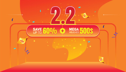 2.2 sale banner design featuring bold typography, confetti, and bright orange-red gradient background.