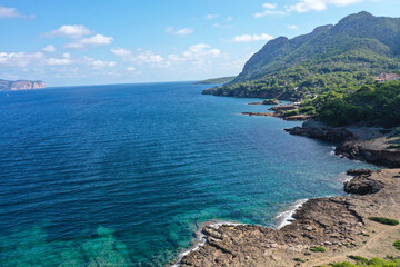 Obraz premium Panoramic aerial view. Cala Morlanda, S'Illot, Manacor coast. Near Alcúdia. Mediterranean Sea, Mallorca, Balearic Islands, Spain, Europe