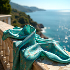 Teal silk with AI-generated abstract pattern draped over Mediterranean villa balustrade