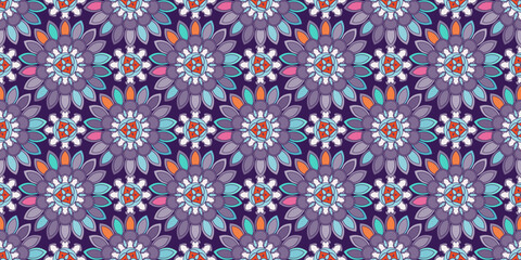 Seamless pattern with traditional Indian floral ornament for fabric swatch or wrapping paper. Vector abstract kaleidoscopic background
