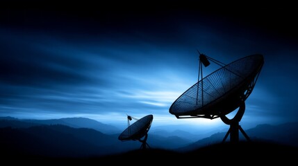 In the calm of twilight, two large satellite dishes stand silently against a backdrop of mountains. The sky glows in shades of blue, creating a serene and mystical atmosphere
