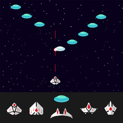 Game asset with sprites of spacecrafts and UFO in flat style. Vector set for animation and game design