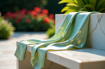 Organic silk fabric with botanical fractal and circuitry pattern on marble bench