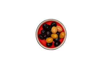 Top-down transparent PNG of black and green olives in a red and black breakfast bowl — ideal for breakfast menus and healthy food projects.