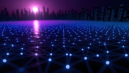 Digital Network Visualization - Futuristic Cityscape at Sunset.