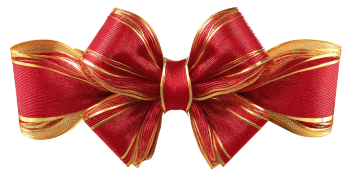 A vibrant red ribbon bow, accented with gold stripes