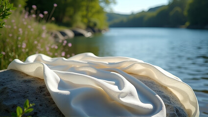 Eco silk-linen fabric with pearlescent abstract pattern draped on limestone boulder by river