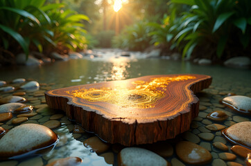Polished exotic hardwood with liquid gold circuit pattern in tropical stream