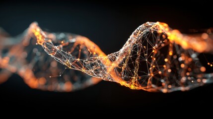 A hyperrealistic 3D rendering of a double helix DNA structure illuminated by an orange light flare, set against a dramatic black background, evoking a sense of intrigue and modern science.