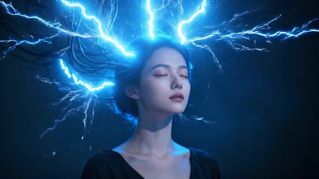 Woman with closed eyes has blue electrical energy and wires connected to her head. Futuristic concept of mind power and technology. Lockdown shot transitioning to panning and tilting camera movement.