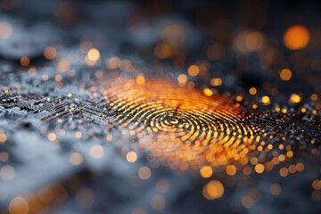 A human fingerprint seamlessly connects with a glowing computer chip, illustrating the fusion of digital identity and technology. The detailed hand texture contrasts with a vibrant circuit background.