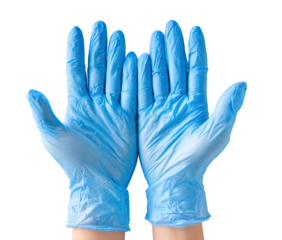 Two light-blue nitrile examination gloves, palms facing up, positioned in a symmetrical manner