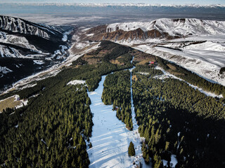 Wide aerial view of a ski run cut through a pine forest, with snow-covered mountains and valley extending into the distance