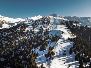 Wide aerial view of a large, snow-covered mountain slope with ski runs, scattered trees, and a lone paraglider soaring overhead