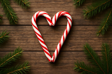 Two candy canes forming a heart shape surrounded by green pine branches on a rustic wooden surface, christmas