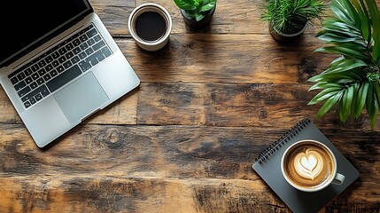 Laptop coffee and plants arranged on a rustic wooden surface overhead view