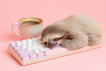 A adorable sloth peacefully sleeps on a keyboard, a cozy coffee cup beside it, all set against a soft pastel pink background, offering ample space for text.