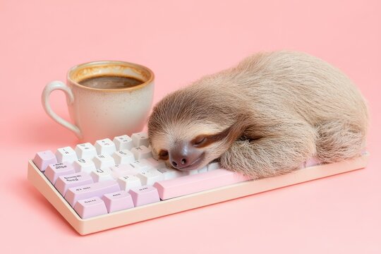 A adorable sloth peacefully sleeps on a keyboard, a cozy coffee cup beside it, all set against a soft pastel pink background, offering ample space for text.