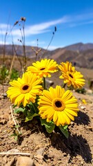 Bright yellow daisies bloom in a rocky hillside against a backdrop of mountains and a clear blue sky