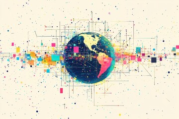 Abstract digital globe surrounded by colorful geometric shapes