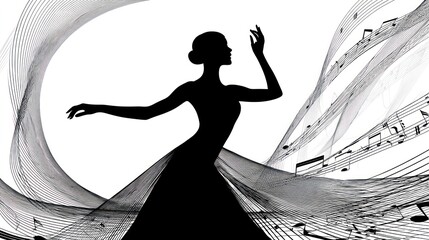 Silhouette of a dancing woman with musical notes and flowing lines
