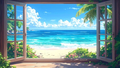 Tropical beach view from a wooden window.  Tranquil ocean, white sand, lush plants, bright sky