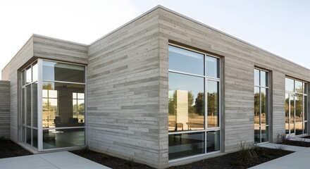 Fototapeta premium Exterior view of a modern concrete building with large windows reflecting the surrounding trees and sky