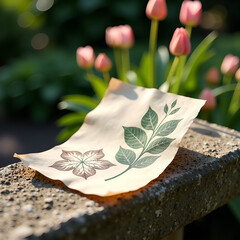 Vintage parchment with biophilic botanical pattern on weathered stone bench