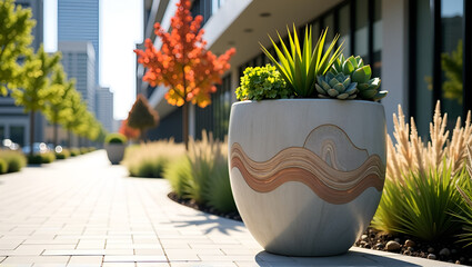 Sustainable Polished Recycled Concrete Planter with Biophilic Pattern in Modern Urban Garden