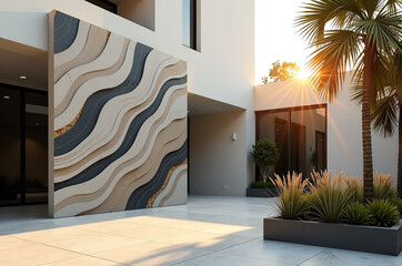 Monumental sculptural ceramic panel in modern urban courtyard