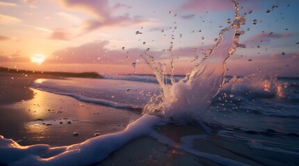 Vibrant water splashes against a rugged rock formation at sunset, with warm golden light reflecting off the rippling waves, and a vibrant orange and pink sky with clouds tinted in hues of coral and sa