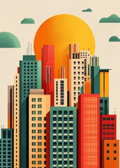 Fototapeta premium Bauhaus inspired poster of modern city skyline under the sun