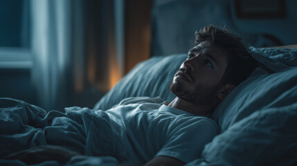 Obraz premium deeply moody and evocative image of troubled young man lying awake in bed late at night, suffering from insomnia, anxiety, depression. Dark, cool lighting emphasizes his distress, struggle for sleep