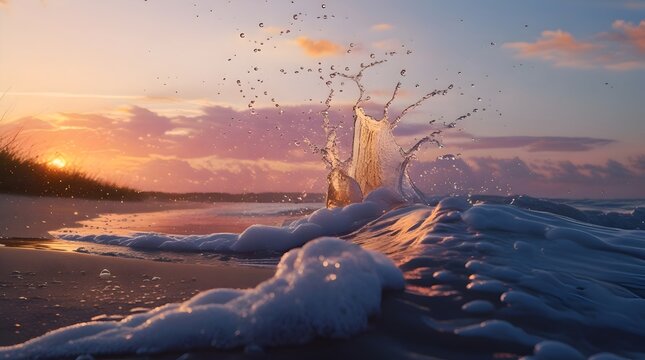 Vibrant water splashes against a rugged rock formation at sunset, with warm golden light reflecting off the rippling waves, and a vibrant orange and pink sky with clouds tinted in hues of coral and sa - Powered by Adobe