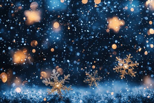 Golden snowflakes glimmer in a magical winter night scene - Powered by Adobe