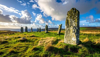Ancient stones stand sentinel on a grassy hilltop, bathed in sunlight.  Vast ocean vista beyond