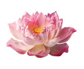 Close-up of a vibrant pink lotus flower.  Soft, delicate petals in shades of pink and pale yellow.  A central golden stamen.  Isolated against a black background