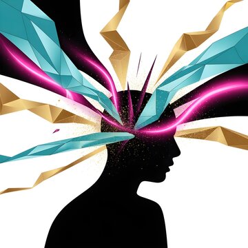 Human head silhouette exploding into colorful light trails and geometric shapes, symbolizing creativity and ideas, vector contour art, white background