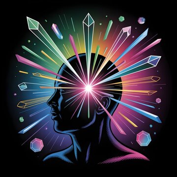 Human head silhouette exploding into colorful light trails and geometric shapes, symbolizing creativity and ideas, vector contour art, white background