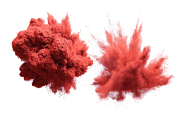 Two vibrant crimson powder explosions against a black background.  Dense, textured clouds of the reddish-pink powder radiate outward in a dynamic burst