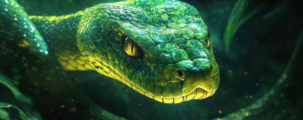 Close-up of vibrant green-yellow snake in lush jungle environment