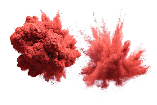 Two vibrant crimson powder explosions against a black background. Dense, textured clouds of the reddish-pink powder radiate outward in a dynamic burst